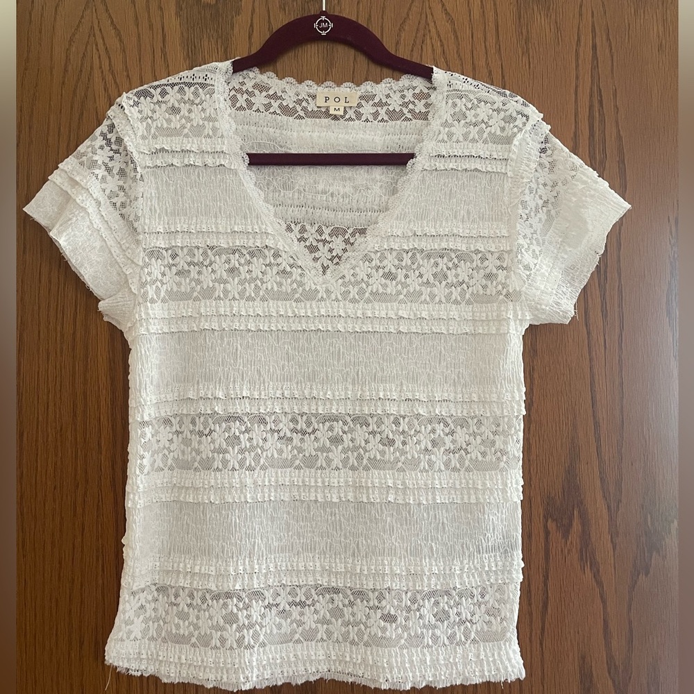 POL Set of 2 - White and Black Lace V-Neck Short Sleeve Blouses